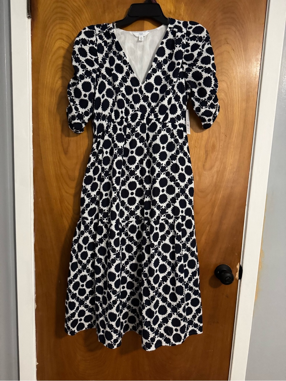 Time and Tru Navy  & White Floral Tie-Waist Midi Dress With Pockets